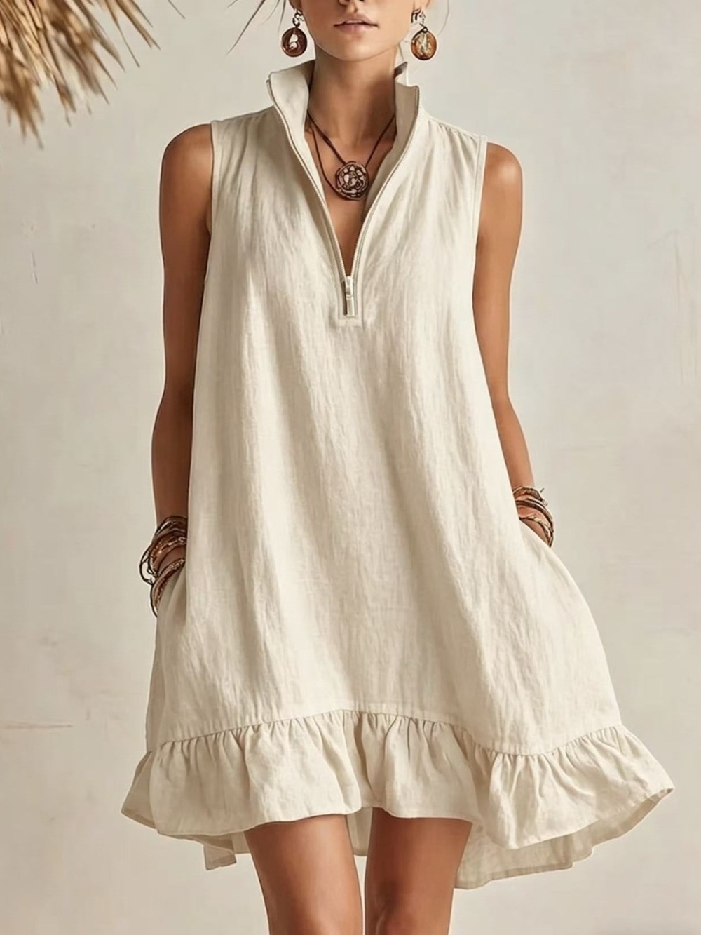 Sleeveless Zipper-Neck Ruffle Hem Mini Dress